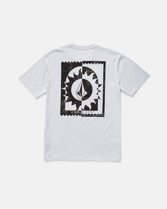 The Volcom Men's Burner Short Sleeve Tee is a classic fit, white organic cotton t-shirt with a large black abstract sun and crescent moon graphic on the back, printed within a jagged rectangle with a soft-hand screen print.