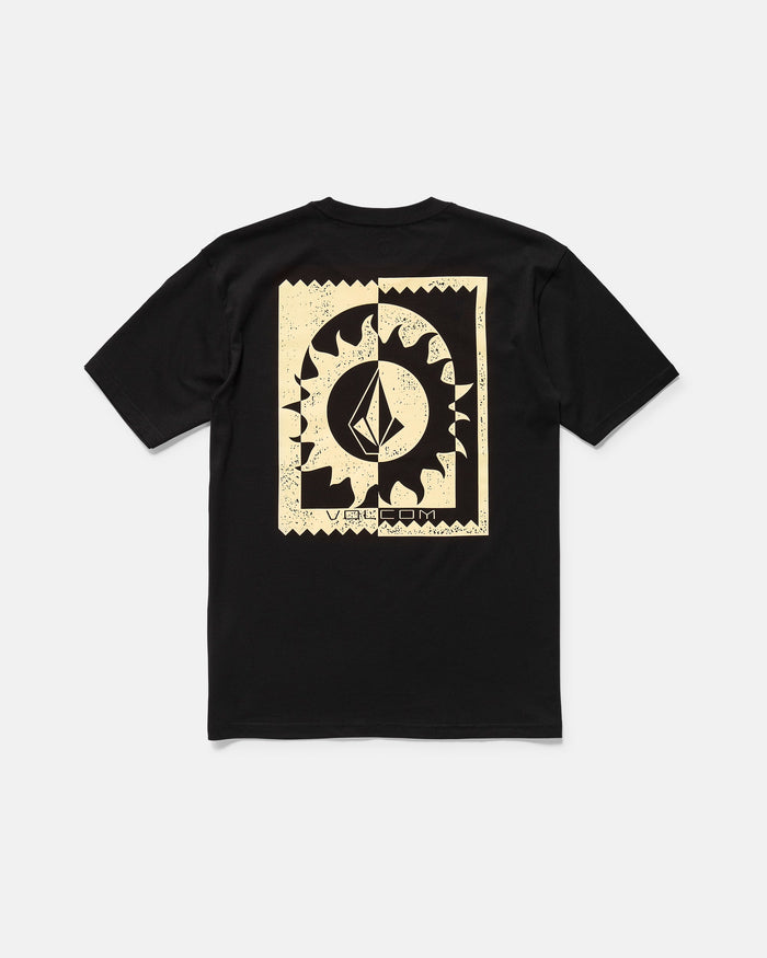 The Volcom Men's Burner Short Sleeve Tee is a black organic cotton classic-fit t-shirt with short sleeves, featuring a large beige sun and moon geometric graphic with textured details on the back.