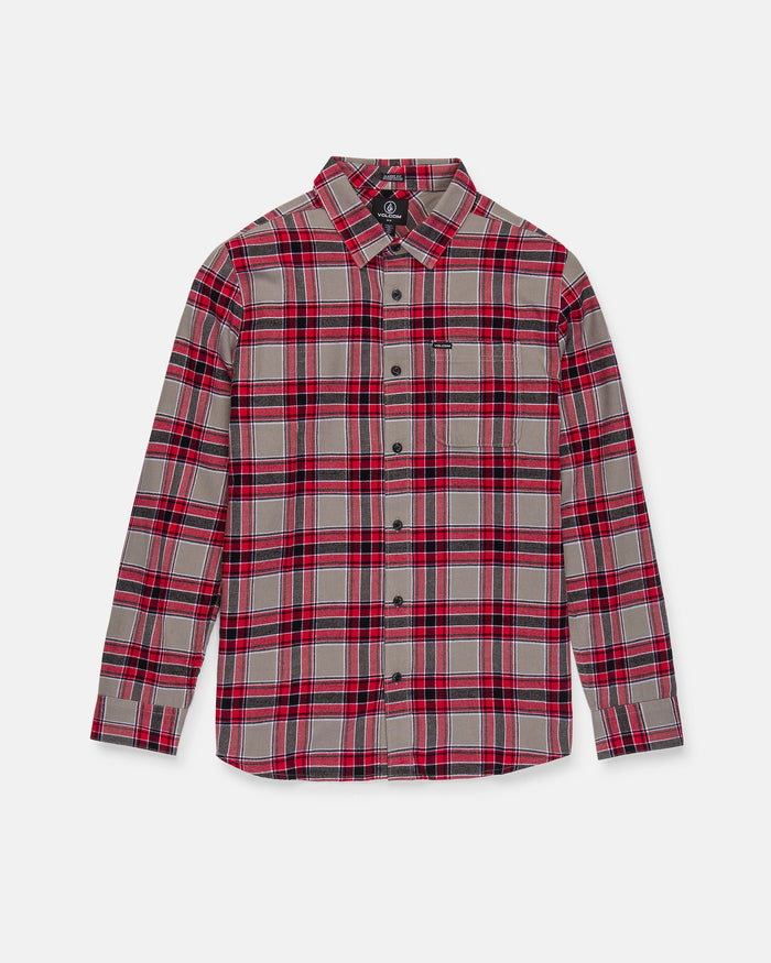 The Volcom Men's Caden Plaid Long Sleeve Shirt features a classic fit with a red, black, and beige plaid pattern. This soft cotton flannel shirt is designed with a button-up front, pointed collar, and a single chest pocket on the left side for comfort and warmth.