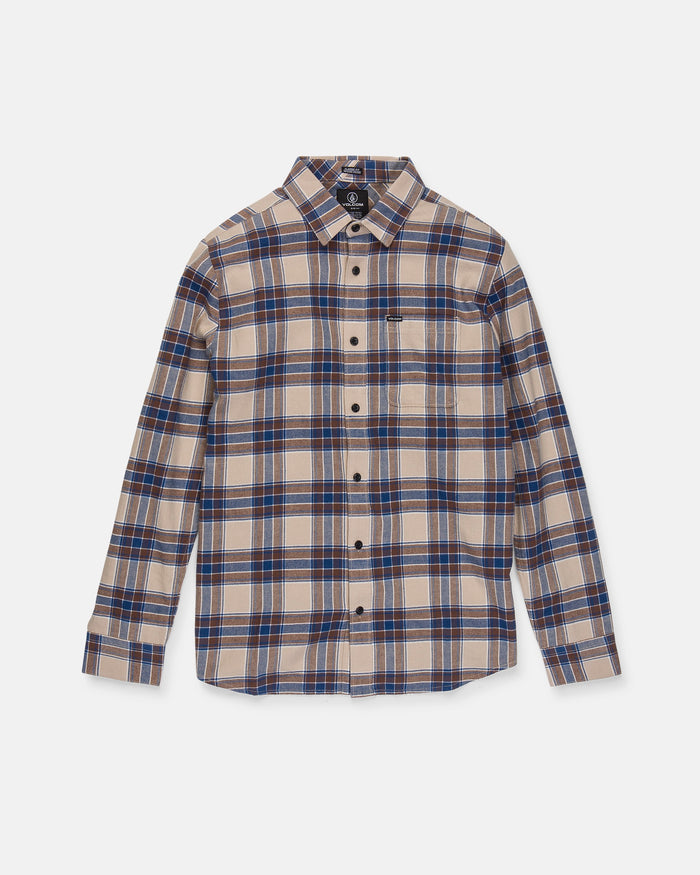 The Volcom Men's Caden Plaid Long Sleeve Shirt is shown laid flat on a white background. This classic fit shirt features a beige, blue, and brown plaid pattern, long sleeves, a collar, and a single front chest pocket. Crafted from soft cotton flannel, it combines comfort with timeless style.
