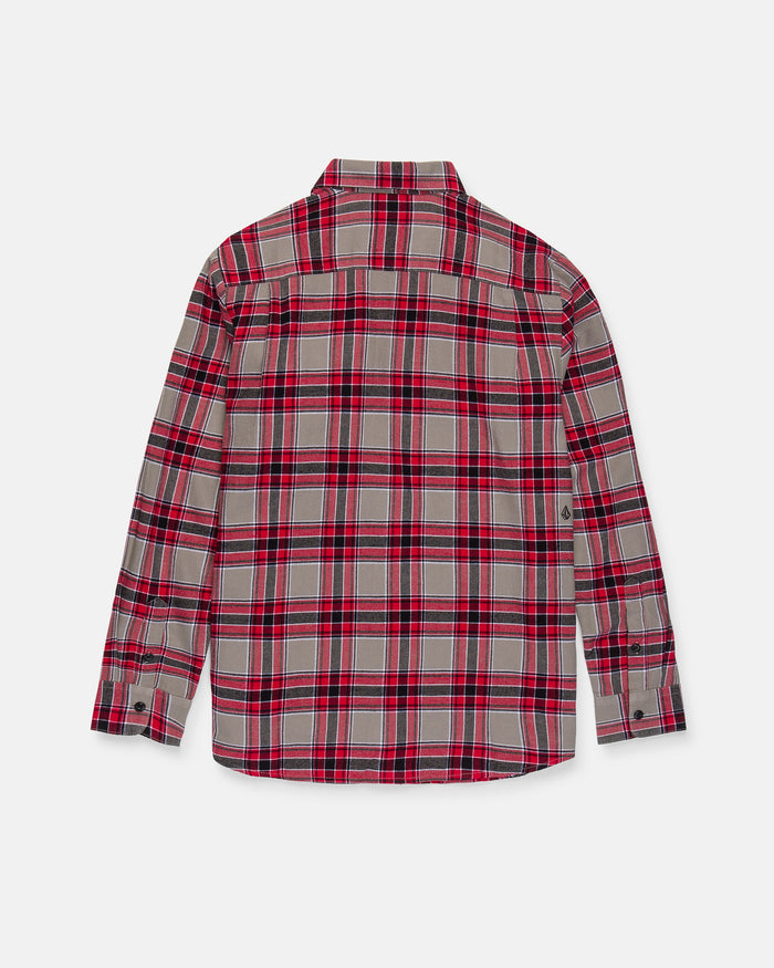 The Volcom Men's Caden Plaid Long Sleeve Shirt features a red, black, and gray plaid pattern and is crafted from cotton flannel. Shown from the back against a white background, this classic fit button-up shirt combines timeless style with comfortable wear.