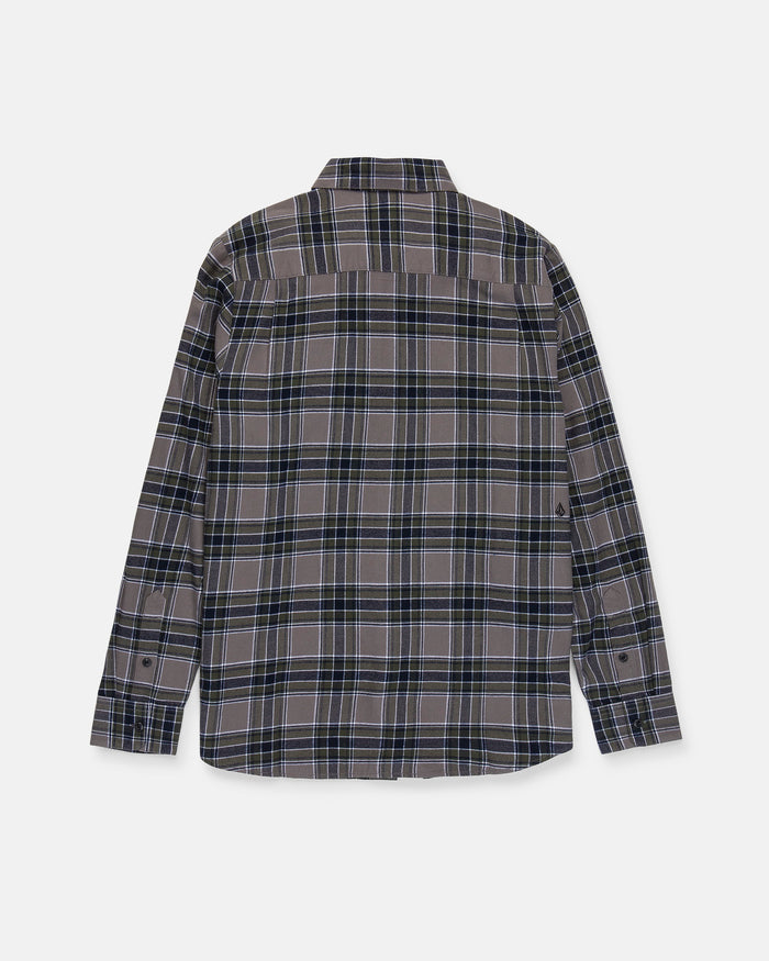 The Volcom Men's Caden Plaid Long Sleeve Shirt is a classic fit button-up flannel featuring a black, blue, and gray plaid pattern. Shown from the back against a white background, it is crafted from soft cotton flannel for lasting comfort and durability.