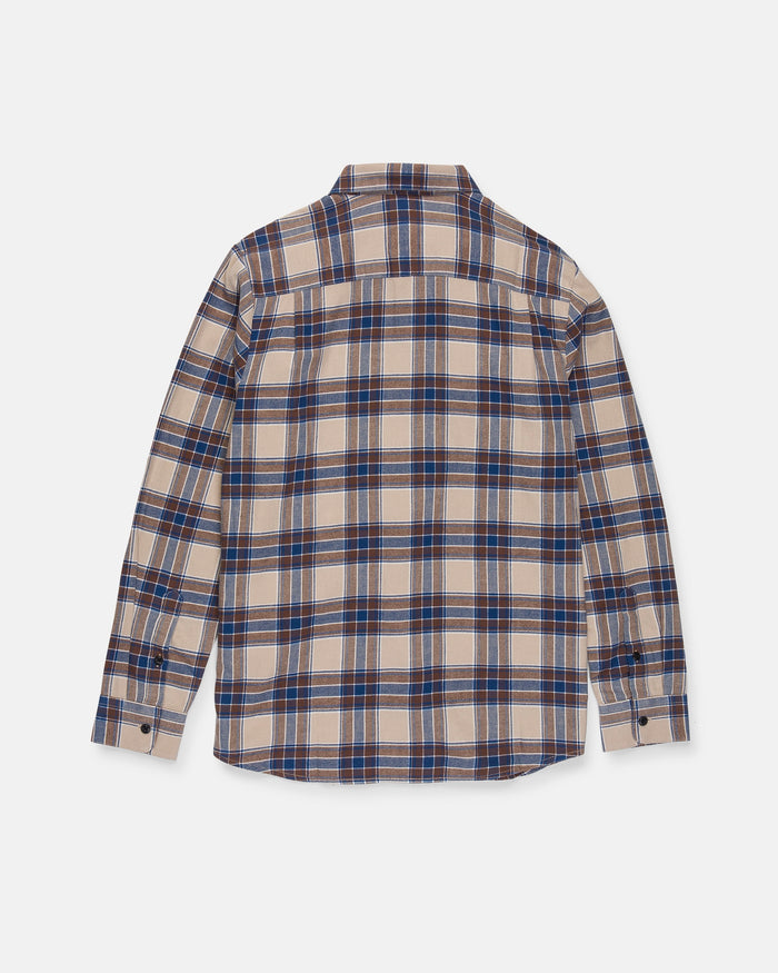 The Volcom Men's Caden Plaid Long Sleeve Shirt is shown from the back against a white background, featuring a classic fit with a button-up design and long sleeves in a beige, blue, and brown plaid pattern.