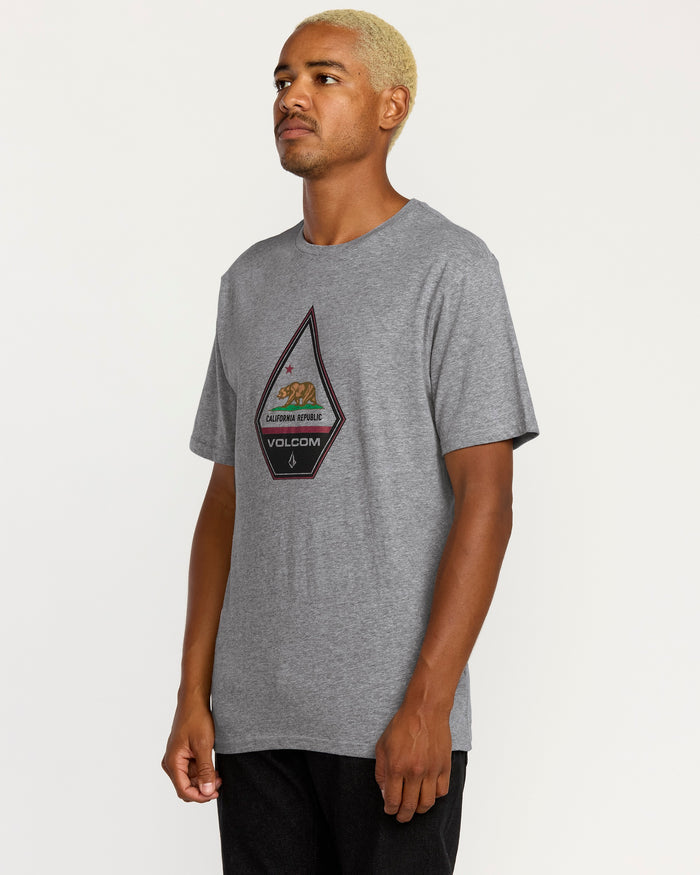 A man with short blond hair wears the Volcom Men's Californeye Tee, a relaxed-fit heathered shirt featuring a triangular California Republic graphic, standing against a plain white background for a cool graphic edge.
