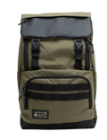 The Volcom Men's Charter Ruck Backpack in olive green and black features a top flap with two front buckles, a zippered front pocket, and a label patch at the bottom. This workwear-inspired backpack is designed with black straps and zipper pulls, offering a sturdy rectangular shape that’s perfect for everyday use or securely carrying your laptop.