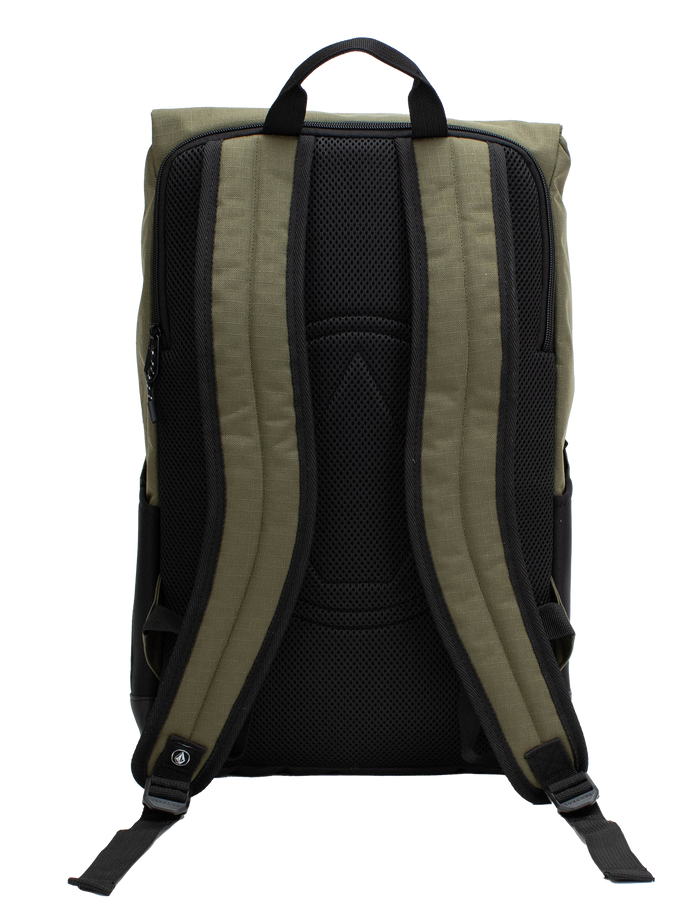 A khaki and black Volcom Men's Charter Ruck Backpack is shown from the back, featuring two padded shoulder straps and a top handle against a white background—ideal as a sleek workwear backpack or laptop rucksack for your daily commute.