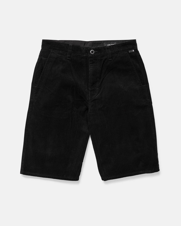The Volcom Men's Chillow 24" Shorts in antique black cotton corduroy feature a baggy fit, front pockets, and a button and zip closure, shown flat on a white background.