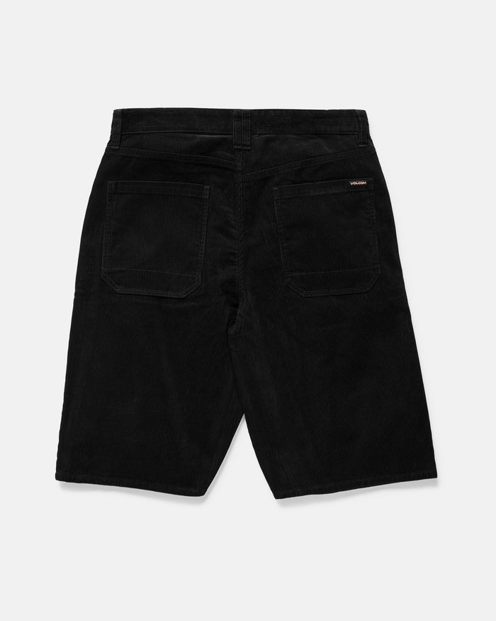 Men's Chillow 24" Shorts by Volcom in antique black corduroy, shown flat from the back with two large rear pockets and a small brand tag above the right pocket, crafted from soft cotton against a white background.