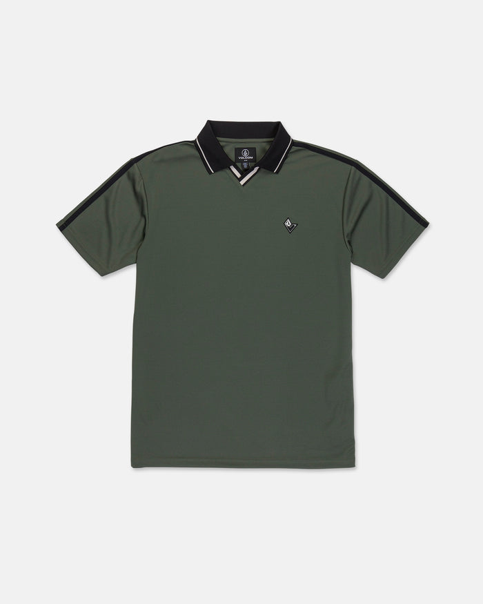 The Volcom Men's Chillstone Short Sleeve Polo features a green Birdseye mesh construction for breathability, a black collar accented with white piping, and a small embroidered logo on the left chest. Yarn-dye black stripes run along the shoulders and sleeves for added style.