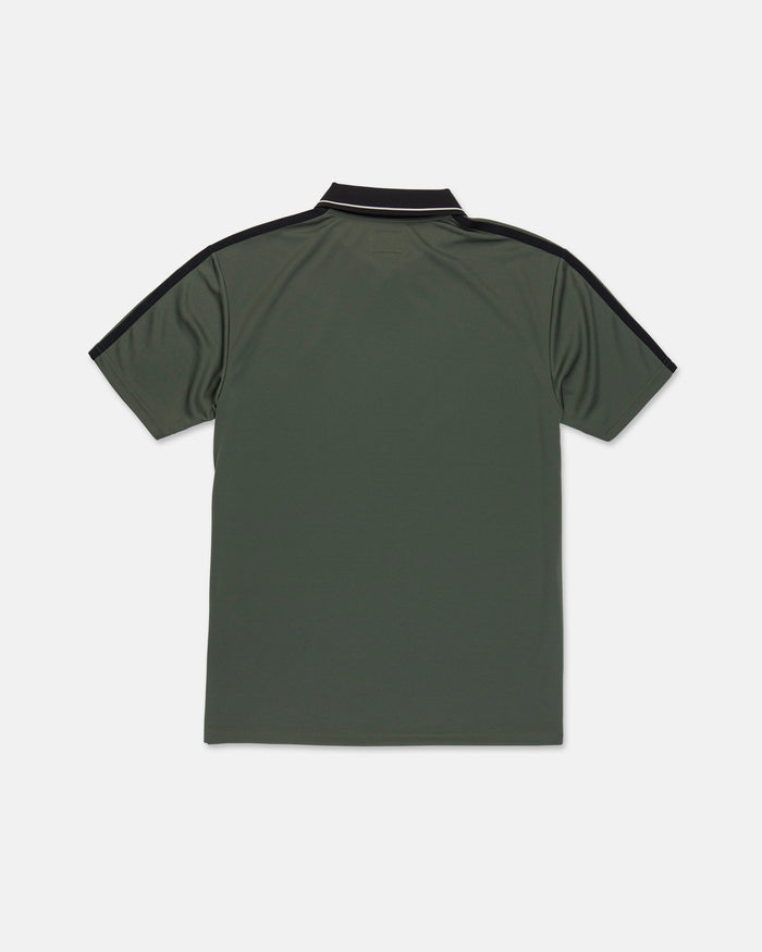 Back view of the Volcom Men's Chillstone Short Sleeve Polo in olive green, featuring a black collar and black yarn-dye stripes along the shoulders and sleeves, crafted from breathable Birdseye mesh fabric, laid flat on a white background.