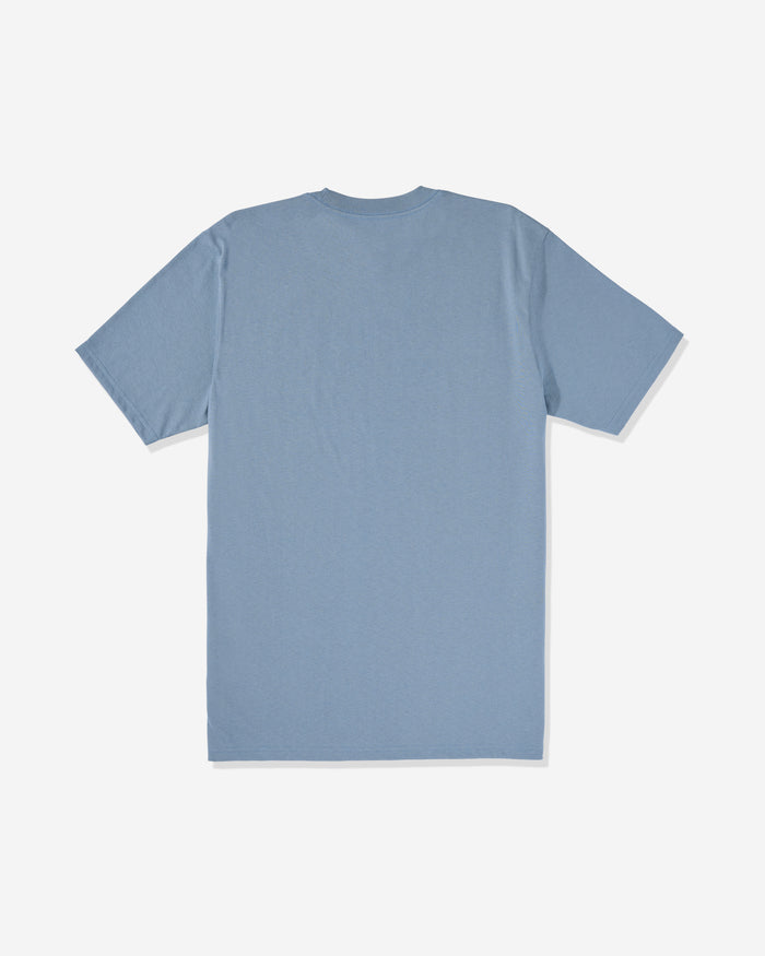 The Volcom Men's Circle Stone Short Sleeve Tee in light blue, made from 100% cotton, is displayed from the back and laid flat on a white background.