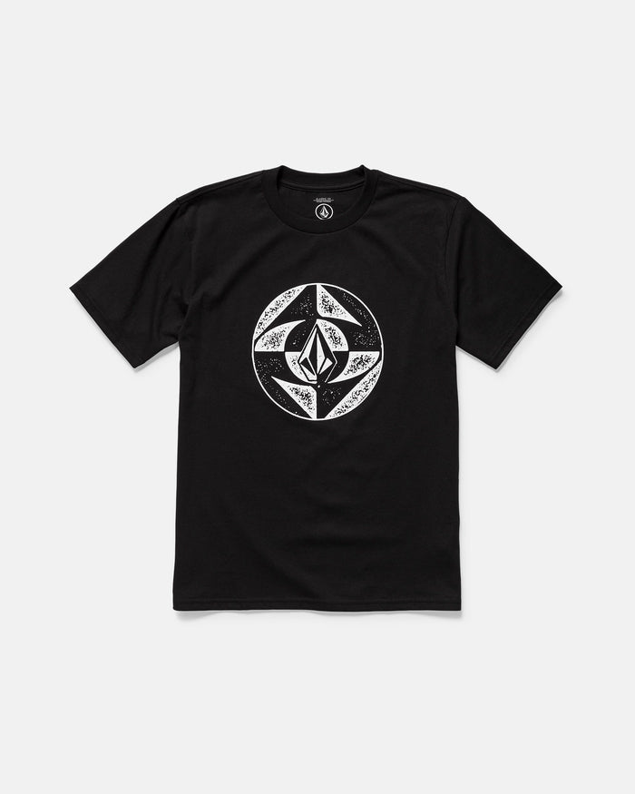 The Volcom Men's Circle Stone Split Short Sleeve Tee is a black, classic fit shirt with a bold white abstract Circle Stone logo on the chest, made from 100% cotton and shown on a plain white background.