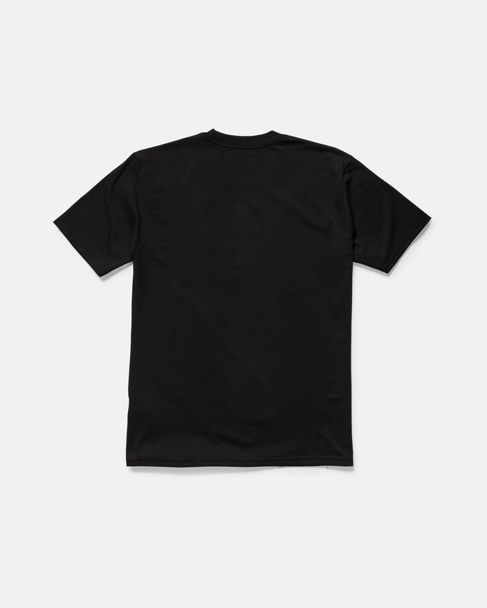 The Volcom Men's Circle Stone Split Short Sleeve Tee, a classic fit black t-shirt made from 100% cotton, is displayed from the back on a white background.