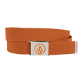 The Volcom Men's Circle Web Belt features orange fabric and a silver metal buckle accented with an orange geometric logo. A small tag at the end displays the "volcom" name, and for added convenience, the buckle includes a built-in bottle opener.