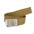 The Volcom Men's Circle Web Belt in tan features a woven design, a sleek metal buckle with a geometric logo, and a small metallic tag engraved with “Volcom” at the tip. Ingeniously designed with an integrated bottle opener, this belt is shown coiled neatly against a plain white background.