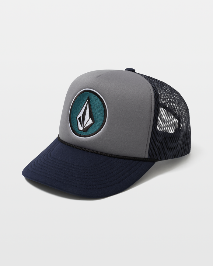 The Volcom Men's Coastal Hat is a gray and navy blue trucker cap with a black mesh back and a circular patch featuring a geometric logo on the front.