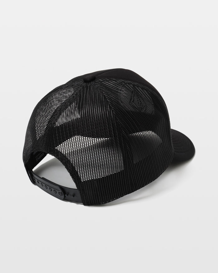 The Volcom Men's Coastal Hat is displayed from the back, highlighting its black 5-panel design, adjustable snapback closure, and breathable mesh panels against a plain white background.