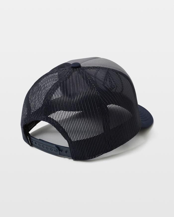The Volcom Men's Coastal Hat is a navy blue mesh trucker hat shown from the back, featuring an adjustable snapback closure, curved brim, and breathable mesh for ventilation.
