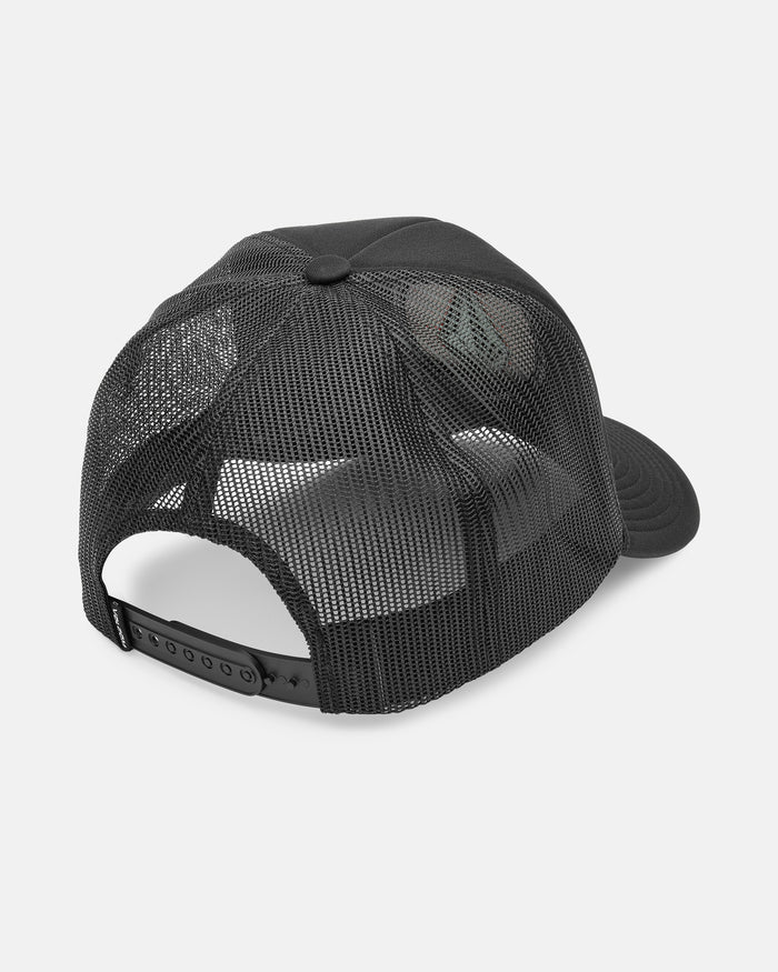 The Volcom Men's Coastal Hat is a black mesh trucker hat, shown from the back, with an adjustable snapback strap and breathable mesh panels in a classic 5-panel foam-structured design.
