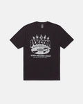 Introducing the Volcom Men's Collector Short Sleeve Tee in washed black, featuring a unique crackle-ink artwork of a vinyl record and white "VOLCOM USED RECORD SHOP" text. With its retro, music-inspired design, this tee is an ideal collector's piece for any music enthusiast.