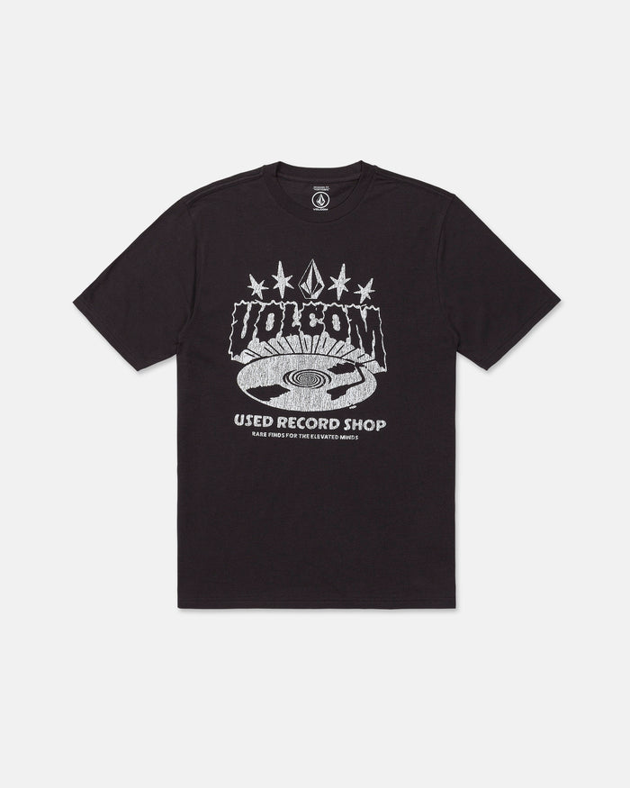 Introducing the Volcom Men's Collector Short Sleeve Tee in washed black, featuring a unique crackle-ink artwork of a vinyl record and white "VOLCOM USED RECORD SHOP" text. With its retro, music-inspired design, this tee is an ideal collector's piece for any music enthusiast.