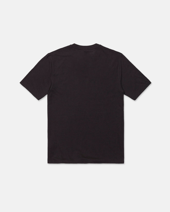 The Volcom Men's Collector Short Sleeve Tee in washed black is laid flat, viewed from the back, on a white background—an understated piece perfect for any wardrobe.