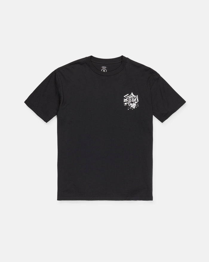 The Men's Concrete Jungle Short Sleeve Tee by Volcom is a black, heavyweight ringspun cotton t-shirt featuring a crew neck and short sleeves. It showcases an abstract white graphic with bold lines and shapes on the left chest. The tee is displayed laid flat on a white background.