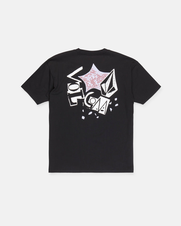 The Men's Concrete Jungle Short Sleeve Tee by Volcom features a black crew neck design with abstract graphic shapes and text on the back, including a pink star, bold geometric patterns, and the word "VOLCOM" in striking stylized letters. Made from heavyweight ringspun cotton, this tee delivers exceptional comfort and standout style.