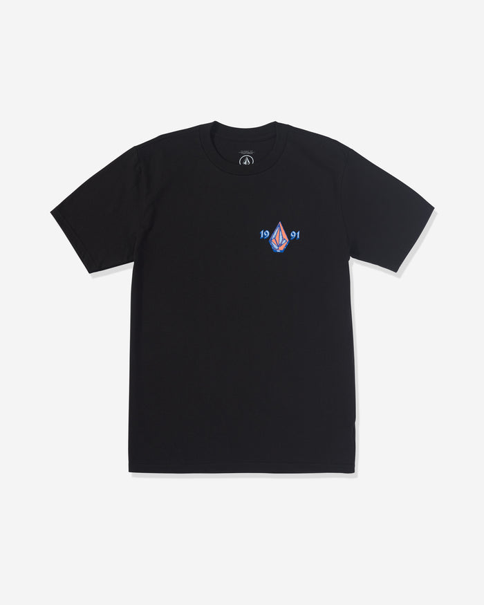 The Volcom Men's Countertop Short Sleeve Tee is a 100% cotton black T-shirt featuring a small, colorful graphic with "1991" on the left chest, shown on a plain white background.