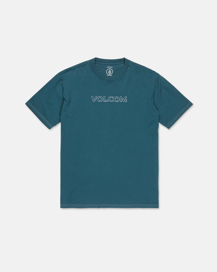 Men's Crassy Short Sleeve Tee by Volcom in teal, crafted from premium cotton with stylized white "VOLCOM" text across the chest, featuring a soft-hand screenprint and shown against a plain white background.