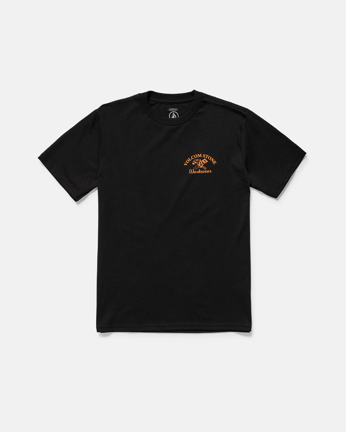 The Volcom Men's Crosscut Workwear Short Sleeve Tee features a small orange and white “WELCOM STORE” graphic with “Worldwide” on the left chest. Made from all cotton, the black tee is shown laid flat on a white background.