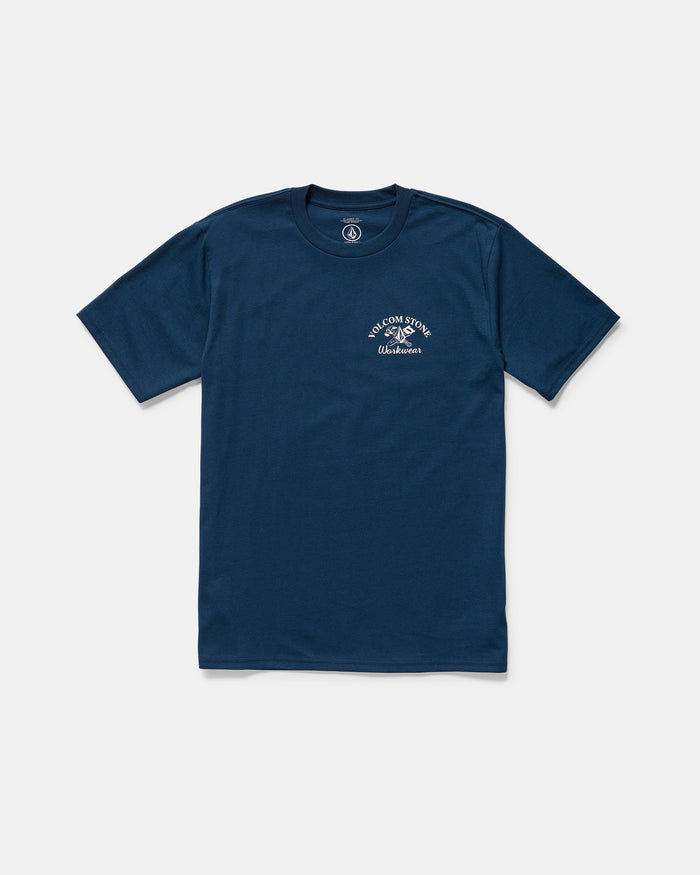 The Men's Crosscut Workwear Short Sleeve Tee by Volcom in navy features a small white Rolling Stones tongue logo and text on the left chest. Made from all cotton, it is shown laid flat on a white background.