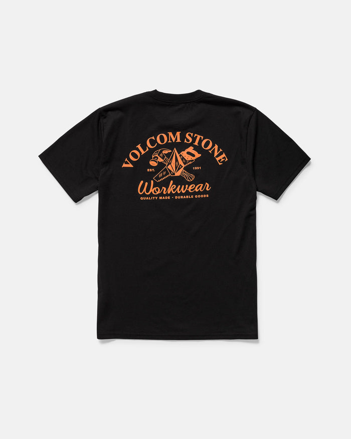 The Men's Crosscut Workwear Short Sleeve Tee by Volcom features an orange graphic with a hand holding a hammer and wrench, plus "VOLCOM STONE Workwear" and "Quality Made Durable Goods." Enjoy classic fit and all-cotton comfort.