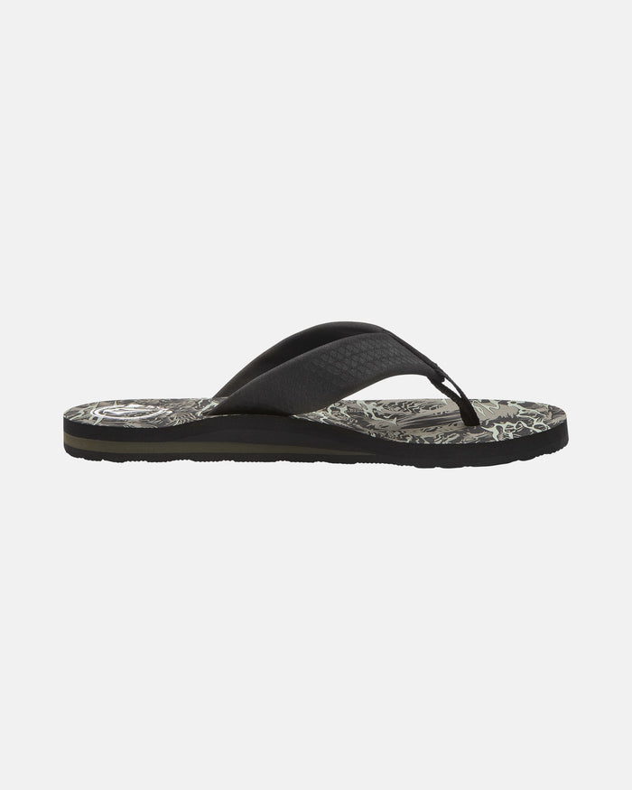 The Volcom Men's Daycation 2 Hawaii Sandals are black flip-flops with a patterned, abstract-design sole, shown in side profile against a plain white background.