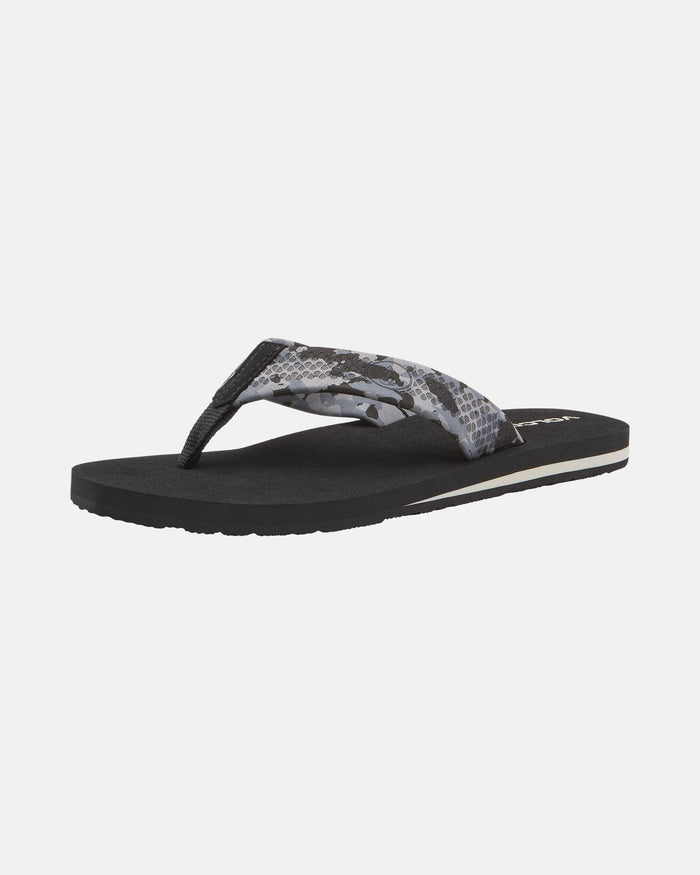 The Volcom Men's Daycation 2 sandal features a thick, textured fabric strap in gray and black snakeskin, plus a plush EVA footbed for all-day comfort. Displayed on a white background.
