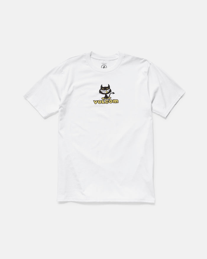 The Men's Devilish Short Sleeve Tee by Volcom is classic fit, made from 100% cotton, and features a small cartoon devil graphic above bold yellow Volcom lettering on the chest. It's shown laid flat on a white background.