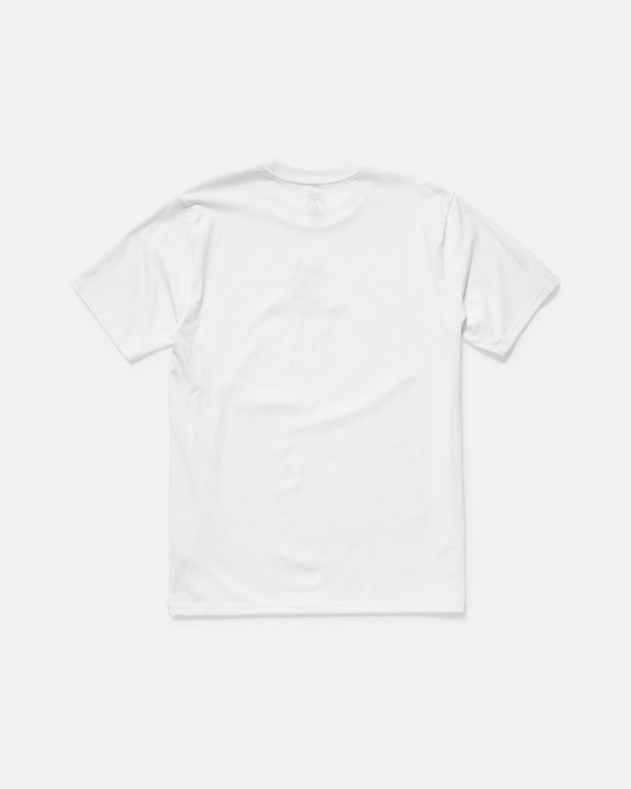 The Men’s Devilish Short Sleeve Tee by Volcom, made from 100% cotton in plain white, is displayed flat with the back side up on a light background.