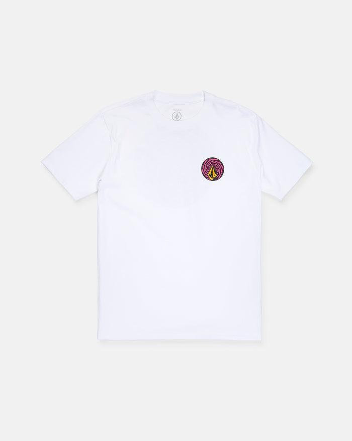 The Men's Dirty Work Short Sleeve Tee by Volcom is a white, classic fit t-shirt crafted from heavy weight cotton. It features a small, circular purple and yellow geometric logo screen-printed on the left chest for a soft-hand feel, and is laid flat on a plain, light background.