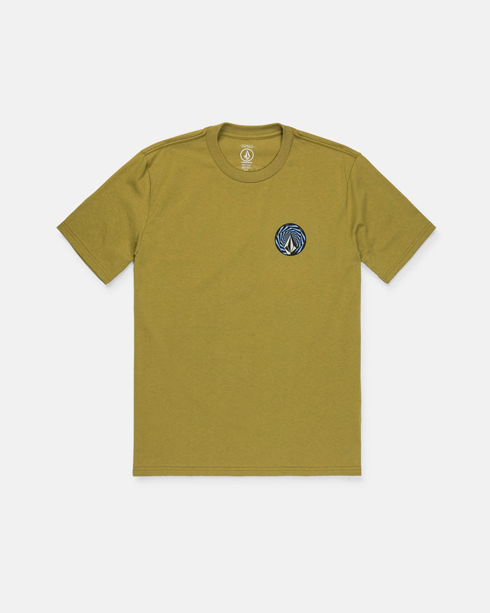 The Men's Dirty Work Short Sleeve Tee by Volcom is an olive-green, classic-fit t-shirt made from premium ring-spun cotton. It features a small, circular blue and white embroidered logo on the left chest. The shirt is shown laid flat against a plain white background.