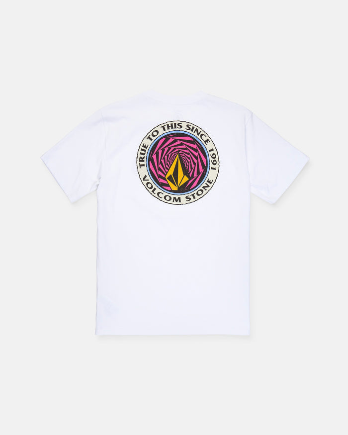 Introducing the Men's Dirty Work Short Sleeve Tee by Volcom—a classic white fit crafted from heavy weight cotton for lasting durability and comfort. Featuring a vibrant circular back graphic with the Volcom Stone logo, geometric patterns in pink and yellow, and the text “TRUE TO THIS SINCE 1991 VOLCOM STONE,” this t-shirt offers a premium touch with its soft-hand screen print.