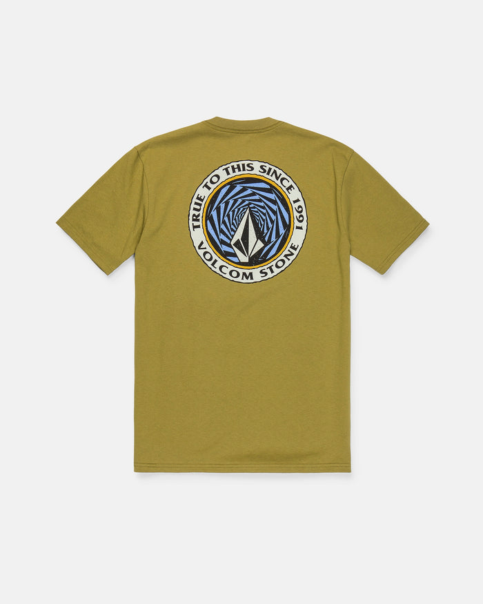 The Volcom Men's Dirty Work Short Sleeve Tee in olive green features a classic fit, crafted from premium ring-spun cotton. It showcases a bold circular geometric graphic on the back with “True to this since 1991 Volcom Stone” in black and white, highlighted by blue accents.