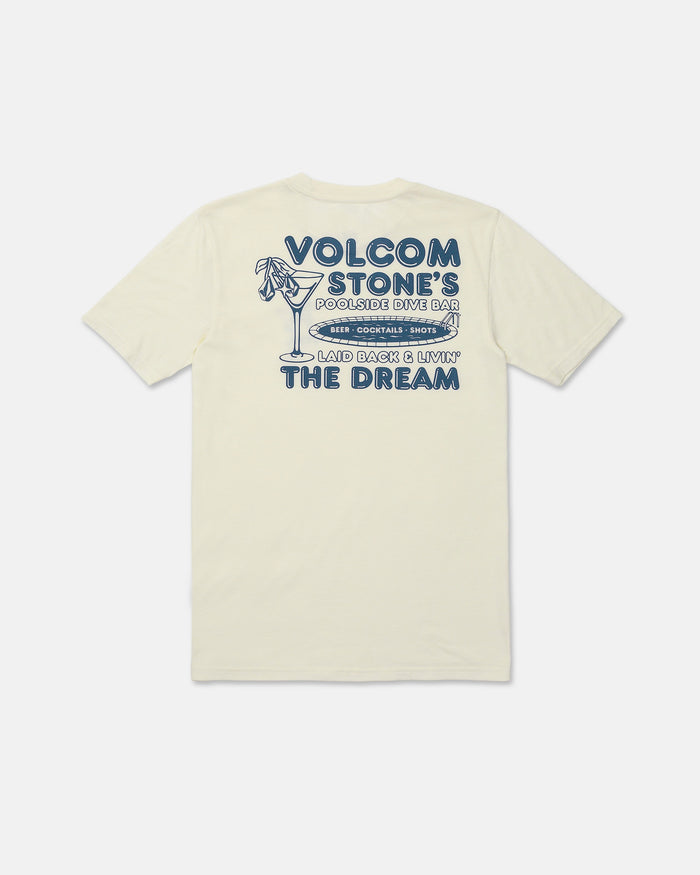 The back of the Men's Dive Bar Short Sleeve Tee by Volcom features a blue cocktail glass graphic and the text: VOLCOM STONES POOLSIDE DIVE BAR. Beers, good times & shots. Made from a soft ringspun cotton-poly blend with a modern fit, this tee is perfect for laid-back vibes and living the dream.