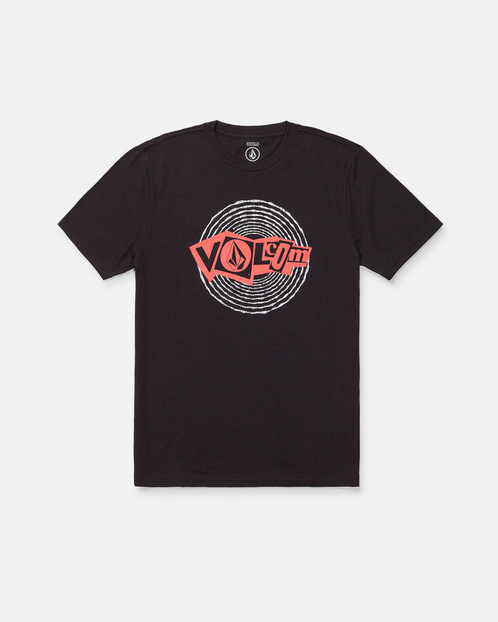 The Men's Dizzy Down Short Sleeve Tee by Volcom features a red and white Volcom logo graphic with concentric circular lines on the chest. This modern fit tee comes in a Washed Black Heather colorway, and is designed with short sleeves and a crew neckline.
