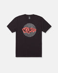 The Men's Dizzy Down Short Sleeve Tee by Volcom features a red and white Volcom logo graphic with concentric circular lines on the chest. This modern fit tee comes in a Washed Black Heather colorway, and is designed with short sleeves and a crew neckline.
