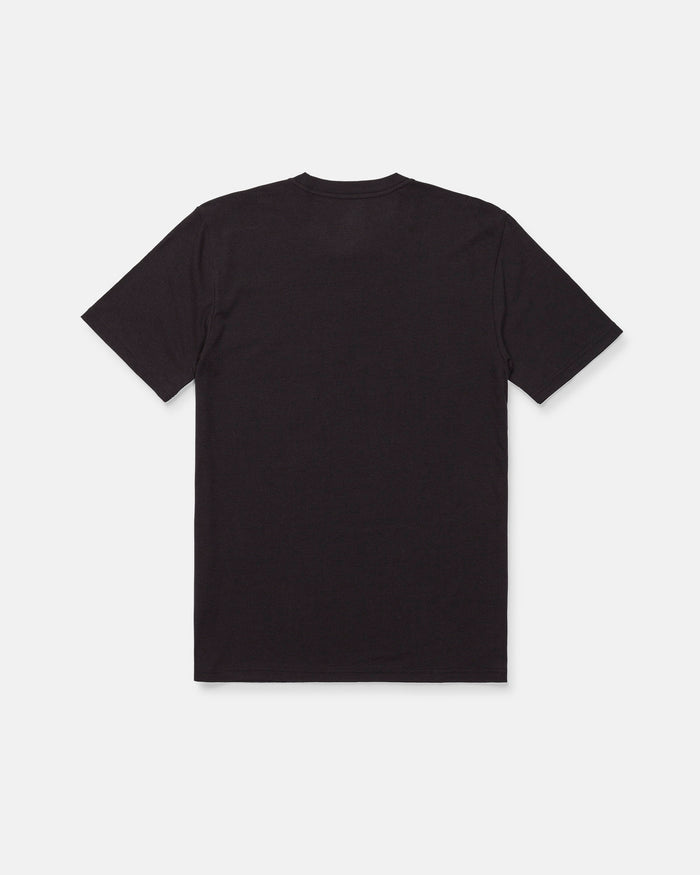 The Men's Dizzy Down Short Sleeve Tee by Volcom in Washed Black Heather is displayed flat and viewed from the back against a white background. Featuring a modern fit, this t-shirt delivers understated style and everyday comfort.