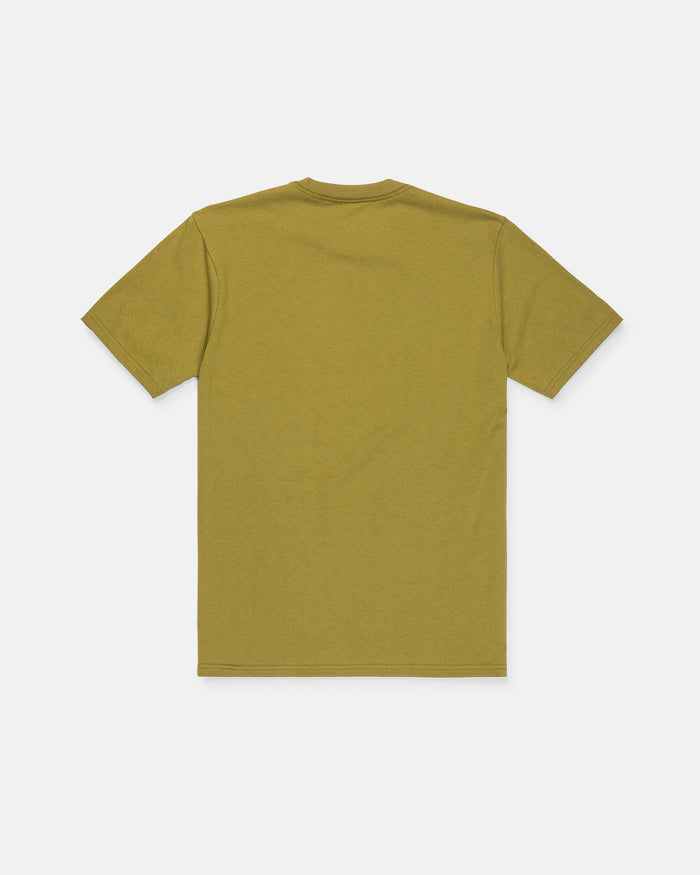 A Volcom Men's Dual Euro Short Sleeve Tee in olive green, featuring a classic fit and plain design, is displayed laid flat with the back side facing up against a white background.