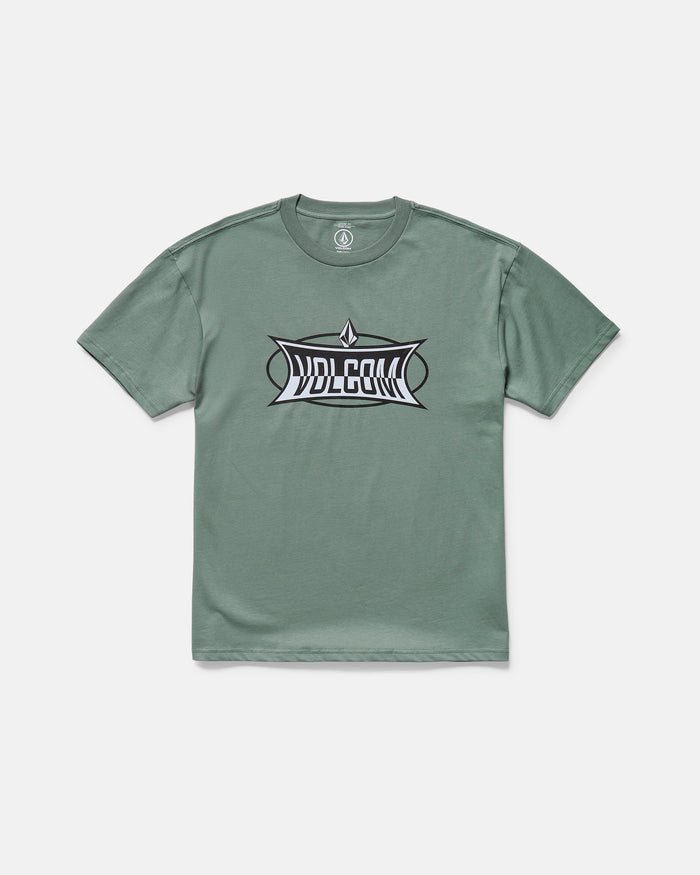 The Volcom Men's Duster Short Sleeve Tee is a green, loose-fit shirt made from heavyweight organic cotton, featuring a bold black and white stylized VOLCOM logo screen printed on the front. Displayed flat on a plain white background.