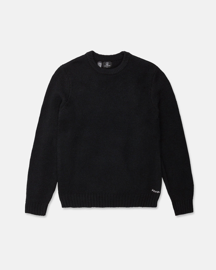 The Men's Edmonder II Sweater by Volcom, crafted from soft fabric, is laid flat on a white background. This classic crew neck sweater features long sleeves and includes a small white tag near the left hem.