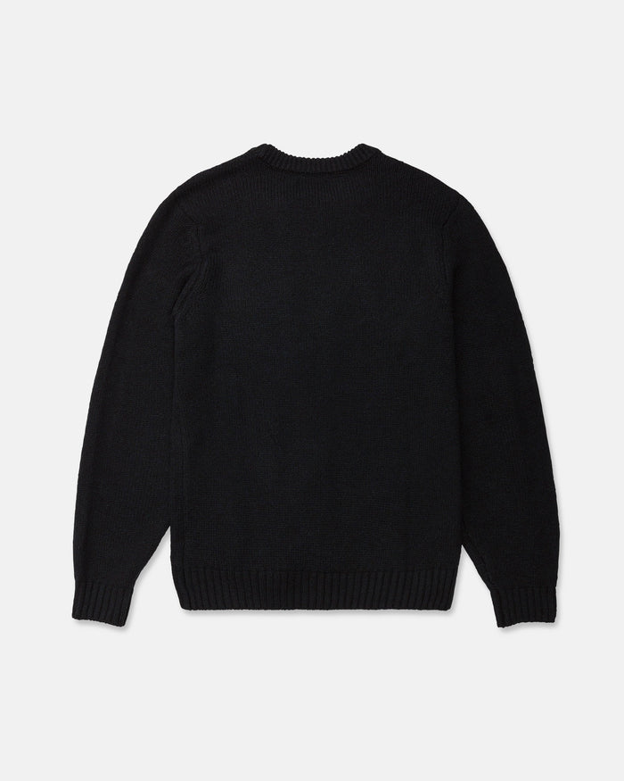 The Men's Edmonder II Sweater by Volcom is displayed laid flat facing backward on a white background. Crafted from recycled polyester, this plain black crew neck sweater features ribbed detailing at the neckline, cuffs, and hem.