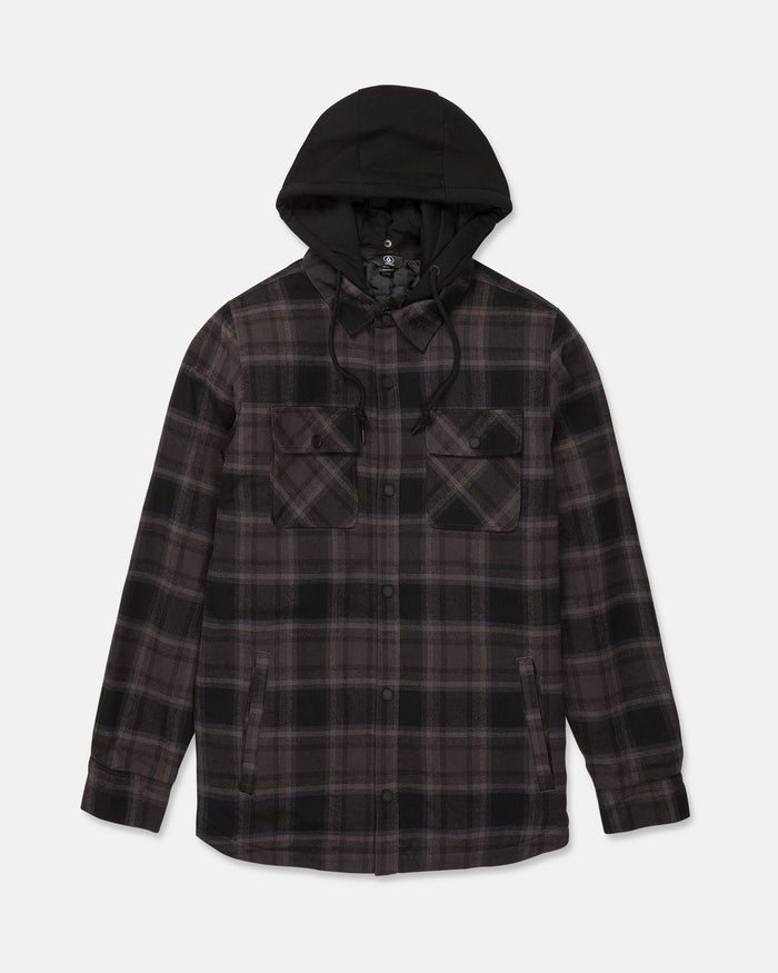 The Volcom Men’s Enson Insulated Riding Flannel is a black and gray plaid button-up jacket featuring a fleece hood, two chest flap pockets, and two side pockets, shown against a plain white background.